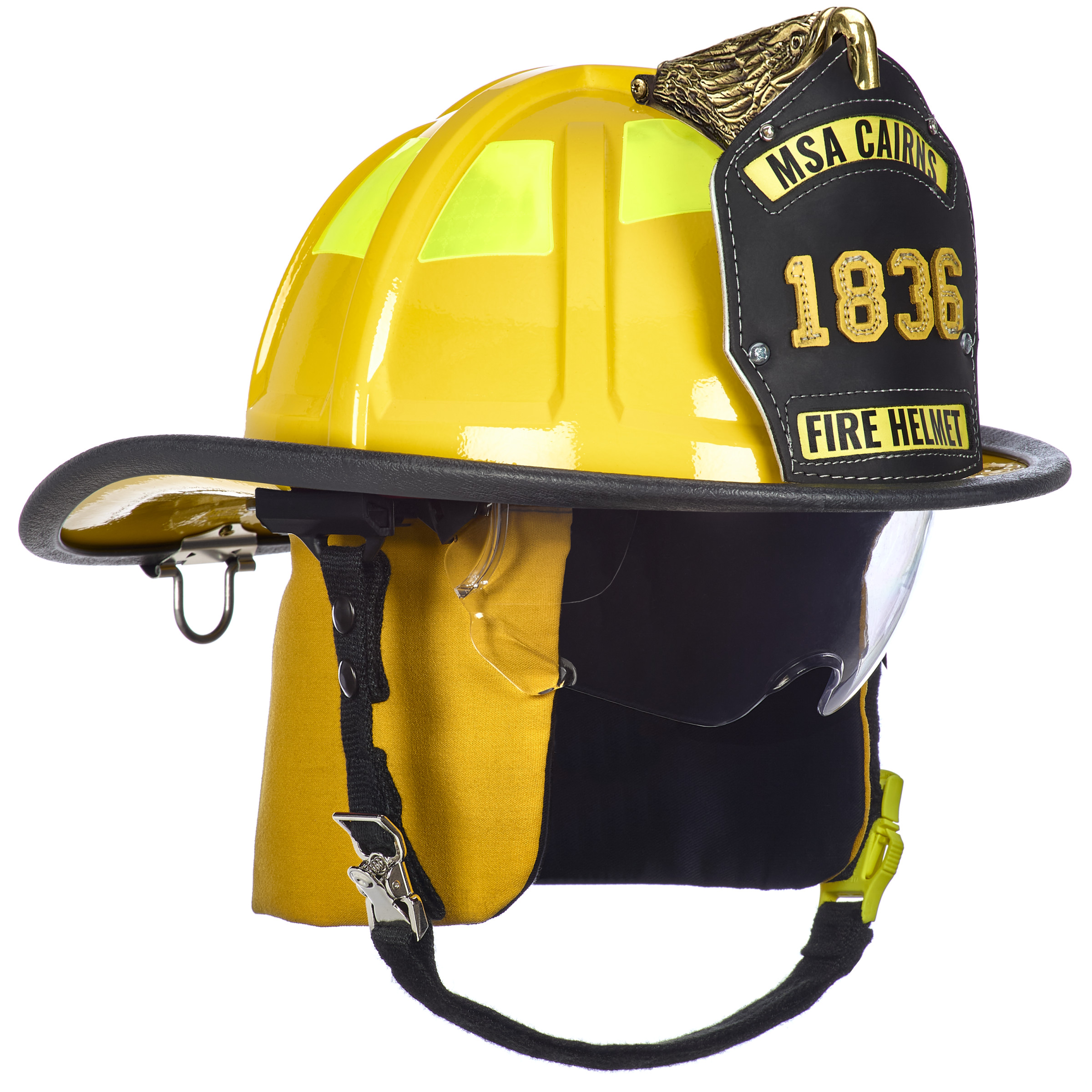 Cairns 1836 Yellow Fire Helmet, with standard liner, clear Defender Visor, Yellow Nomex earlaps, 6" carved eagle, Reflexite lime yellow